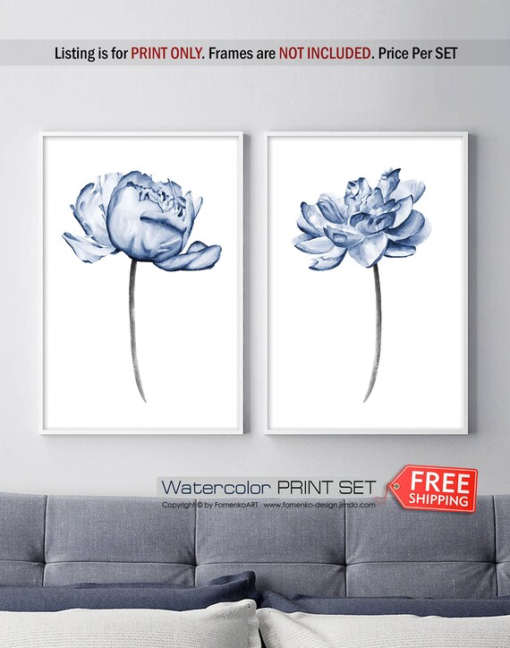 Botanical Wall Art Master Bedroom Wall Decor Over The Bed Above Bed Decor Botanical Poster Rustic Navy Blue Wall Art Set Of 2 Peony Flower