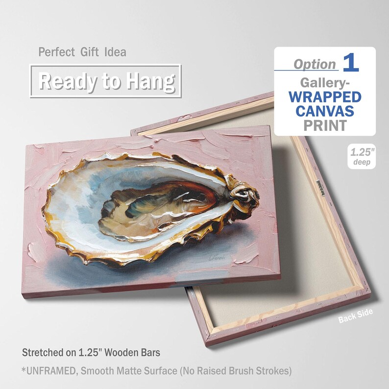Oyster Shell Art Print - Coastal Wall Decor, Oil Painting Blush Pink Artwork On Canvas, Ocean Sea Beach Nautical Gift Kitchen Dining Room WRAPPED Canvas Print