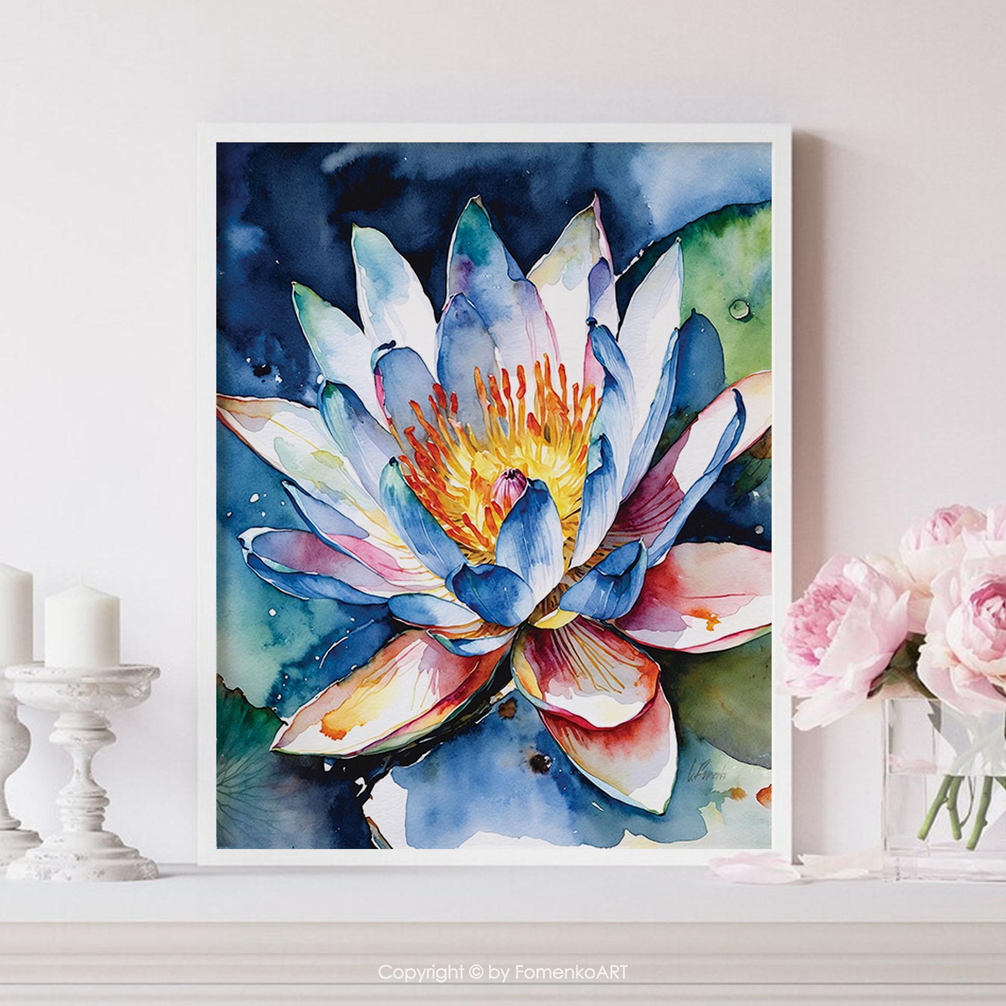 Blue Lotus Flower Wall Art Print - Watercolor Painting, Canvas or ...