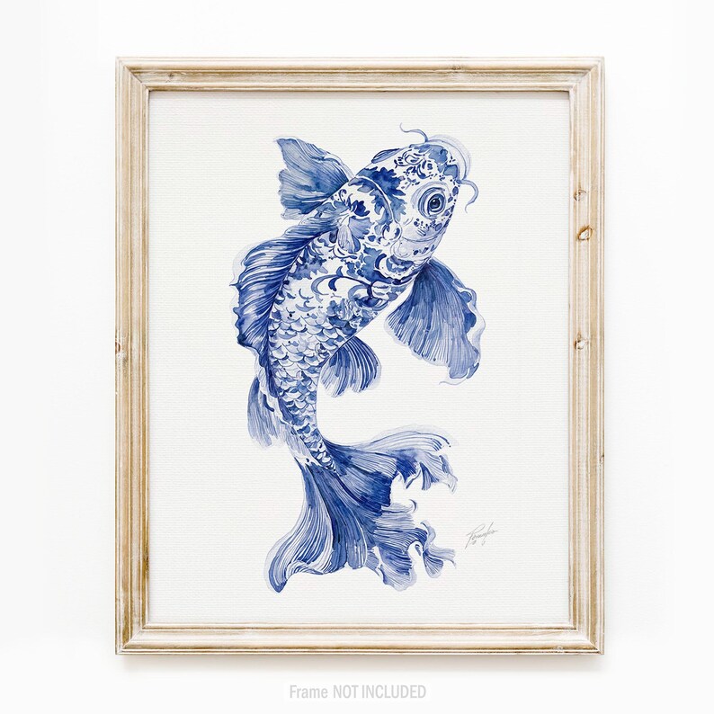 Chinoiserie Koi Fish Wall Art Print: Coastal Watercolor Painting Blue Nautical Decor Mother Gift image 16