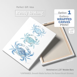 May include: A gallery-wrapped canvas print featuring three blue crab illustrations. The artwork is stretched on 1.25-inch wooden bars and has a smooth matte surface. The print is ready to hang and is an unframed piece.
