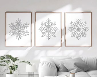 Christmas Printable Snowflake Wall Art Prints, Holiday Home Decor Xmax Wall Decor Set Winter Decoration Minimalist Grey Boho Neutral Poster