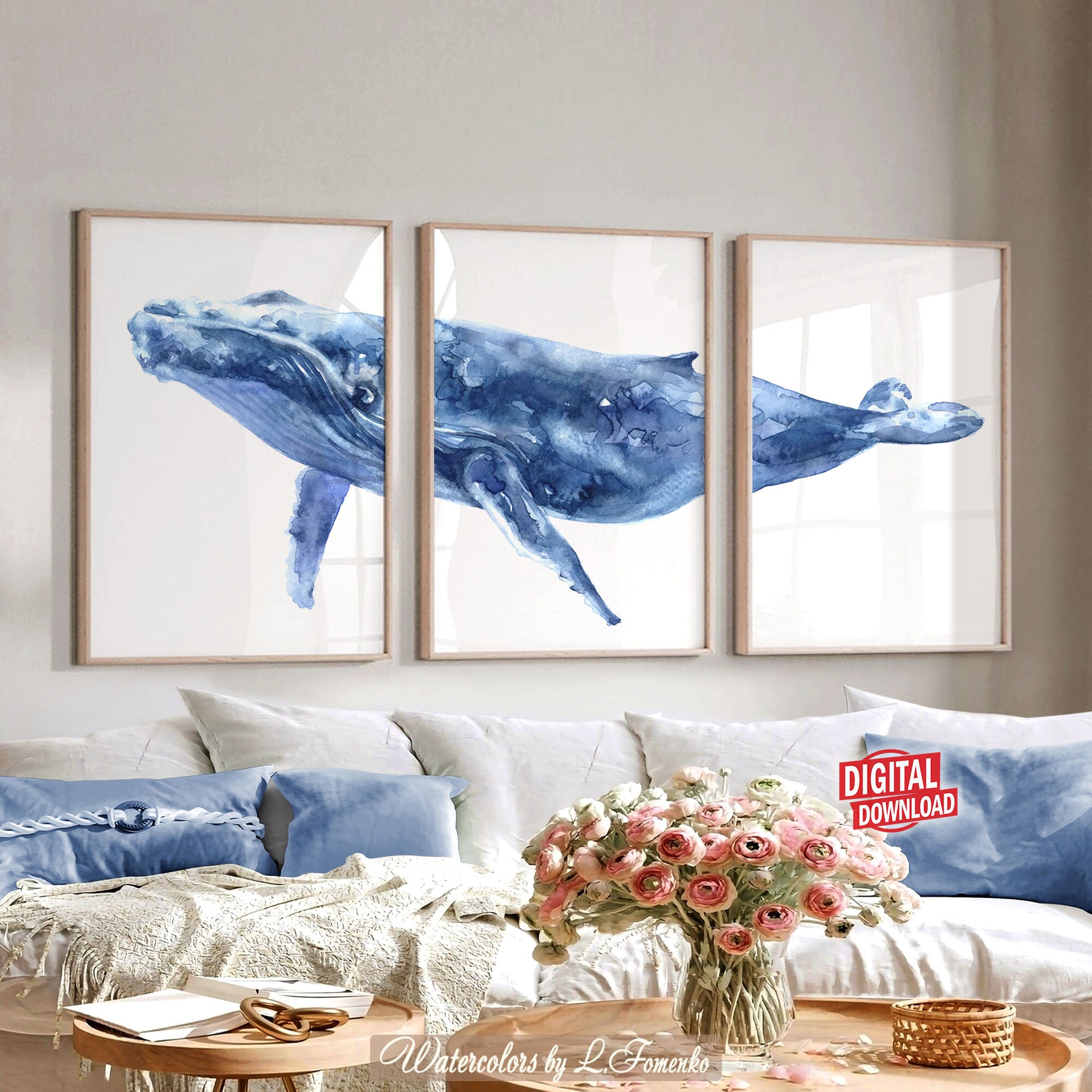 Whale Art Humpback Whale Print Printable Wall Art 3 Piece Poster ...