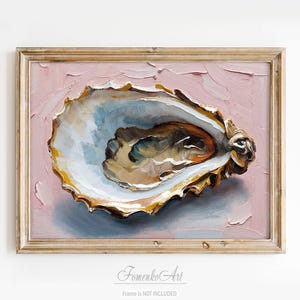 Oyster Shell Art Print - Coastal Wall Decor, Original Oil Painting Blush Pink Artwork On Canvas, Blue Grey Ocean Sea Beach Nautical Gift Kitchen Dining Room Picture for girl, woman, sister, mother, mom, her, grandmother