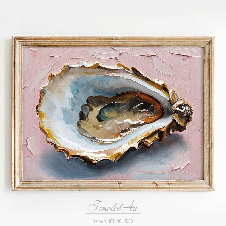 Oyster Shell Art Print - Coastal Wall Decor, Original Oil Painting Blush Pink Artwork On Canvas, Blue Grey Ocean Sea Beach Nautical Gift Kitchen Dining Room Picture for girl, woman, sister, mother, mom, her, grandmother