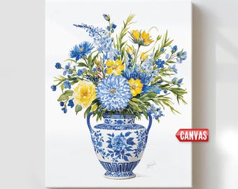 Wild Flower Wall Art Print: Chinoiserie Decor, Blue Vase & Peony Flower Painting, Floral Gift