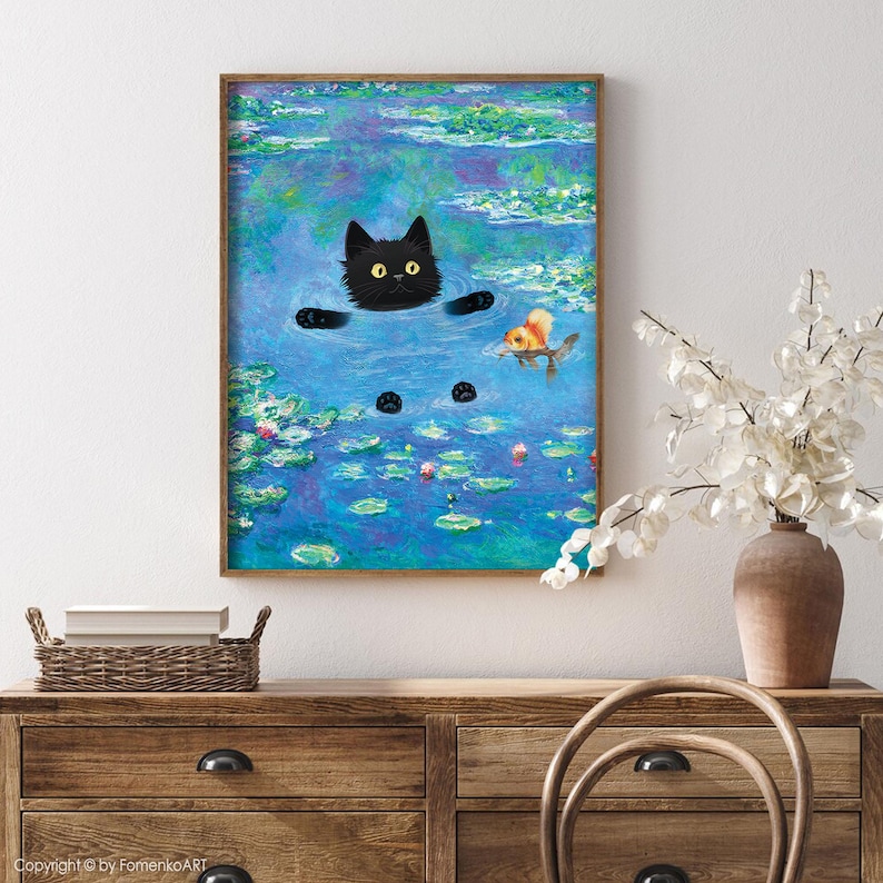 Regalos de gato negro, impresión de Claude Monet, arte de pared divertido y lindo, póster de nenúfares, gatito, pintura al óleo, lienzo, dibujo de mascota, amante, decoración de pared para dormitorio imagen 9