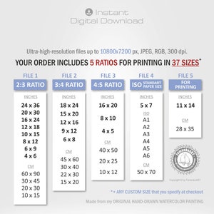 May include: Digital download image with size options in inches and centimeters. Includes 5 ratios for printing in 37 sizes. Text includes "Instant Digital Download" and "Made from my ORIGINAL HAND-DRAWN WATERCOLOR PAINTING."