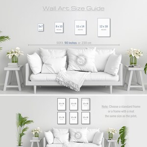 May include: A guide to wall art sizes for a sofa that is 90 inches or 230 cm wide. The guide shows different sizes of framed artwork, including 5x7 inches, 8x10 inches, 11x14 inches, and 12x18 inches. The text also notes that a standard frame or a frame with a mat the same size as the print should be used.