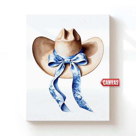 Cowboy Hat & Blue Bow Print, Coastal Cowgirl Wall Art, Chinoiserie Ribbon Western Watercolor Painting Howdy Preppy Decor Trendy Girly Poster