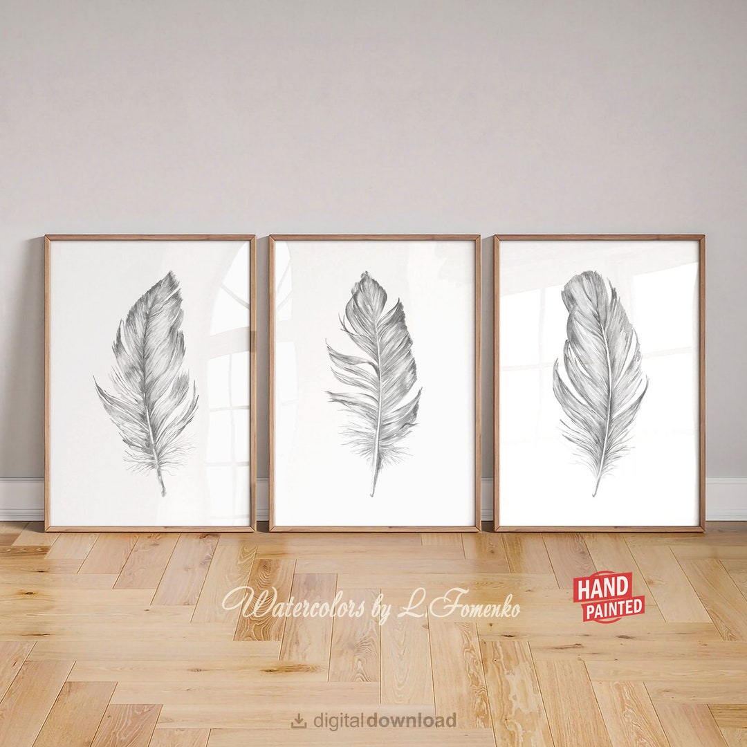 Black and White Feather Wall Art Prints Minimalist Printable