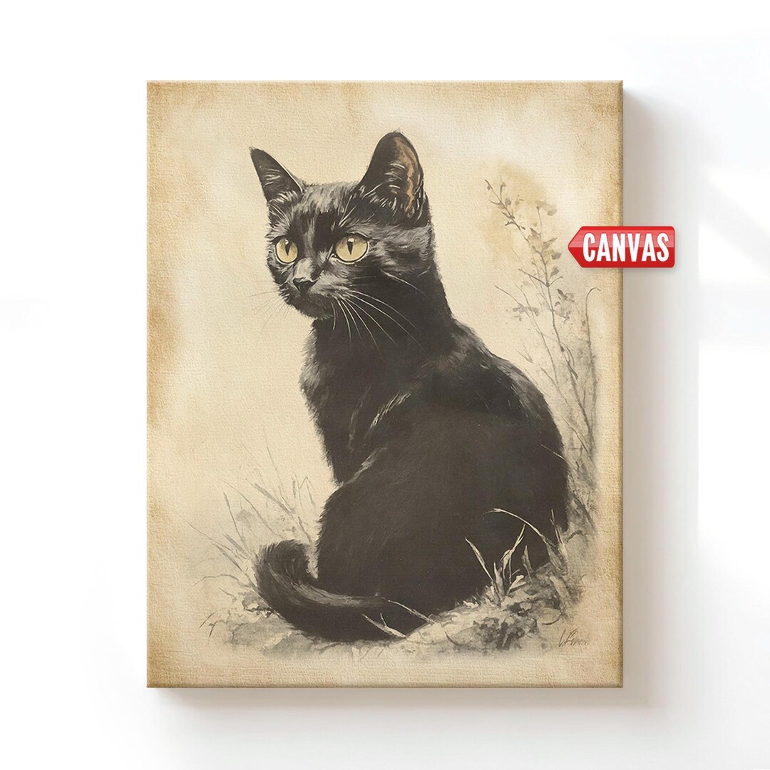 Vintage Black Cat Wall Art Print - Watercolor Painting, Cute Cat Lover ...