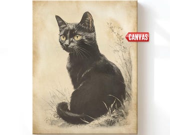 Vintage Black Cat Wall Art Print - Watercolor Painting, Cute Cat Lover Gift Whimsical Decor Canvas Retro Artwork Antique Pet Poster Drawing