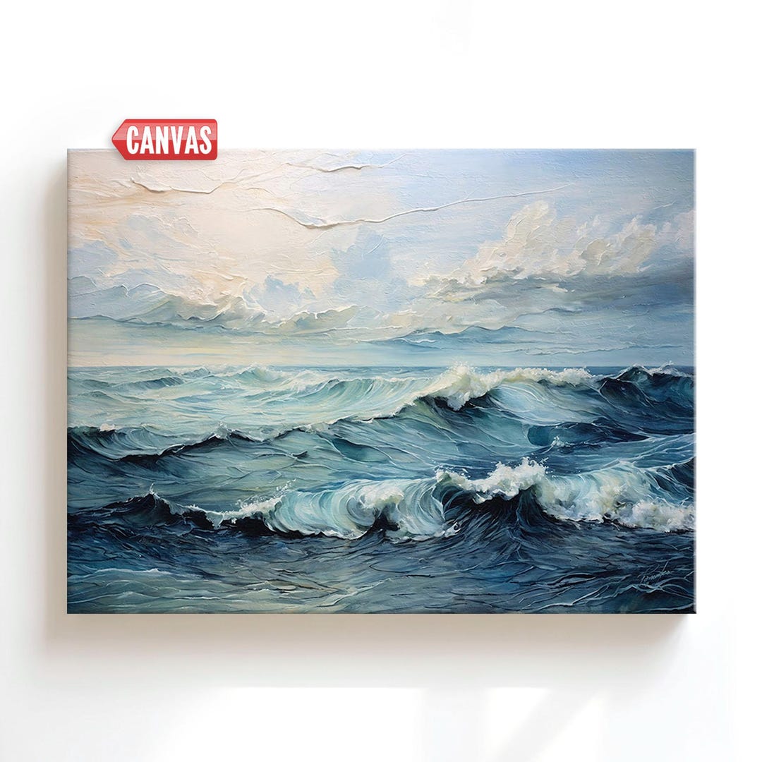 Ocean Wall Art Print Coastal Oil Painting, Large Canvas Artwork Blue ...