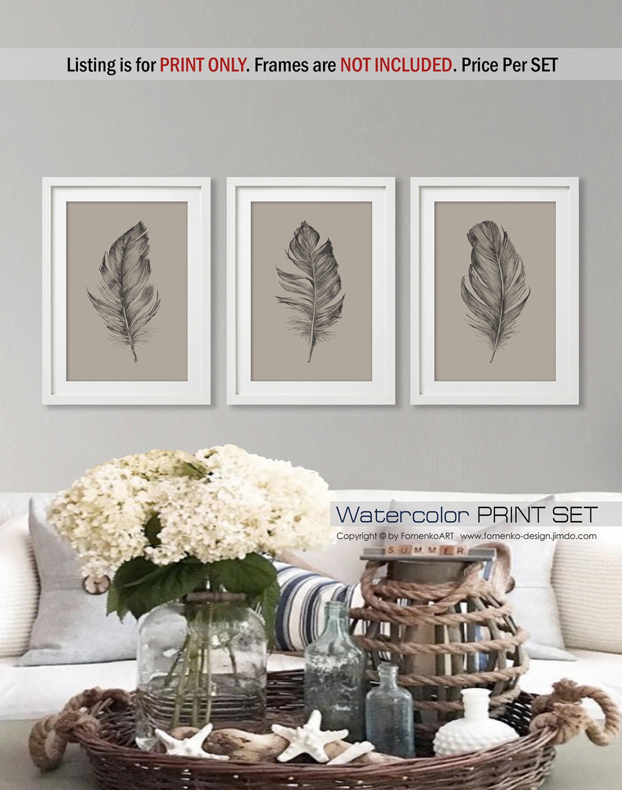 Feathers Wall art prints set of 3 Aesthetic room decor Boho | Etsy