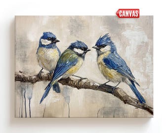 Blue Bird Wall Art PRINT: Oil Painting, Vintage Style Bluebird Decor, Coastal Canvas Gift