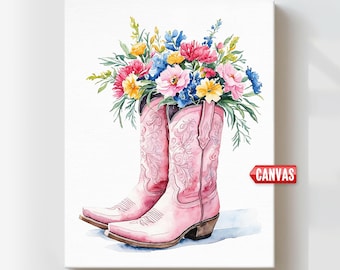 May include: A watercolour painting depicts pink cowboy boots overflowing with a colourful floral arrangement. The boots feature decorative stitching and a traditional western style. The flowers include pink, yellow, and blue blooms, contrasting with the boots.