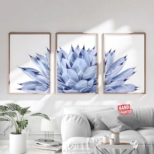 Blue Cactus Plant Desert Wall Art Set Of 3 Prints, Printable Watercolor Bedroom Wall Decor Above Couch Pictures Succulent DIGITAL DOWNLOAD