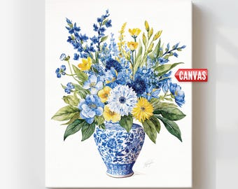Chinoiserie Wildflower Wall Art: Peony Flower Print, Watercolor Painting, Chrysanthemum Floral Blue Vase Decor