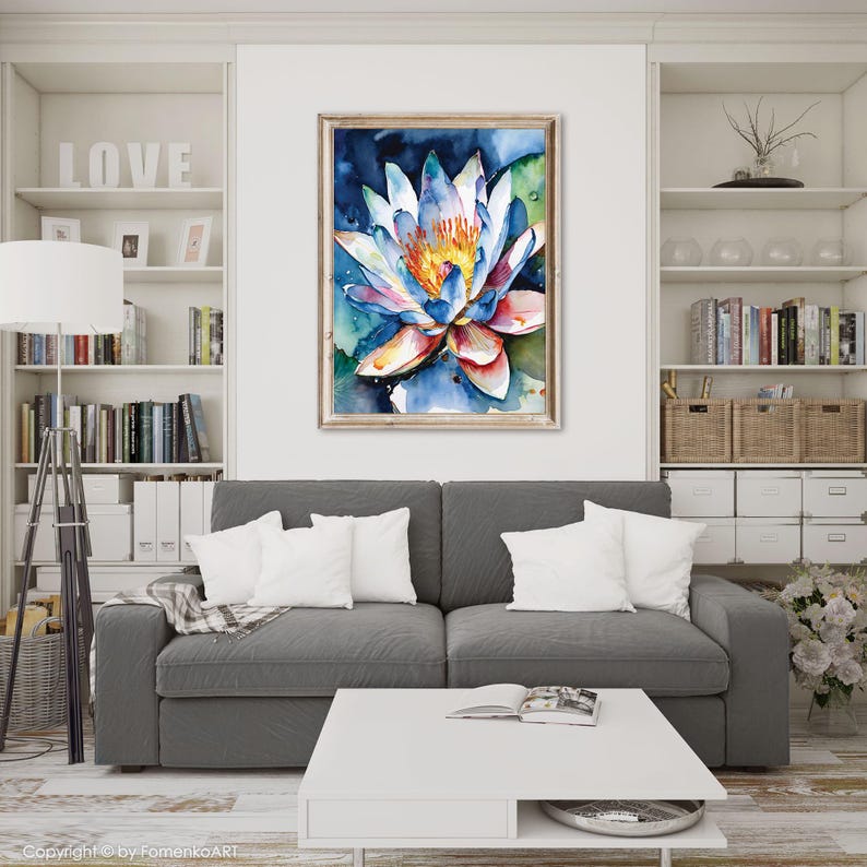 Blue Lotus Flower Wall Art Print - Watercolor Painting, Canvas or ...