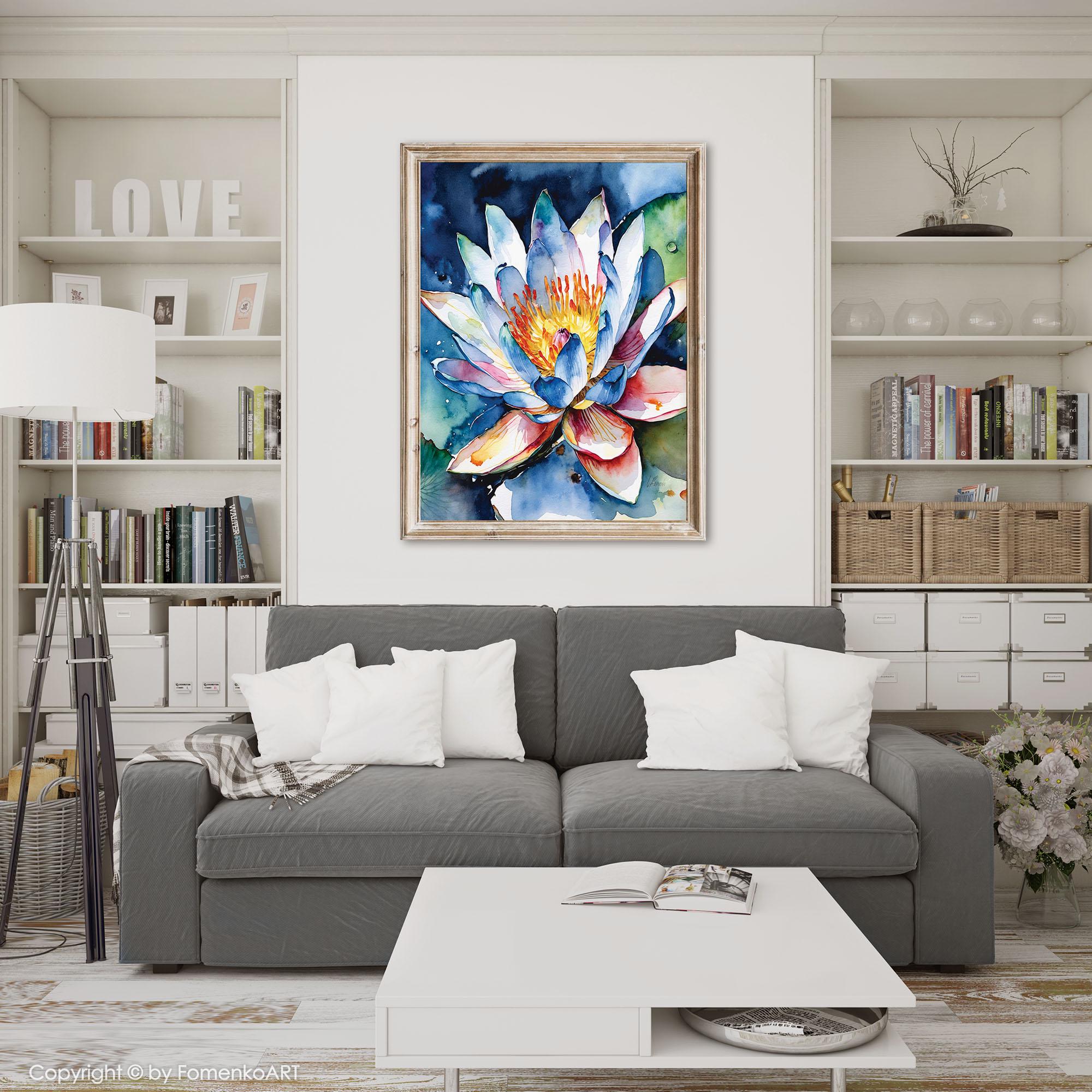 Blue Lotus Flower Wall Art Print - Watercolor Painting, Canvas or ...