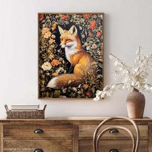 Fox Wall Art Print William Morris Inspired Canvas Oil Painting, Vintage Style Floral Gift Large Mid Century Cottagecore Dark Academia Decor imagem 15