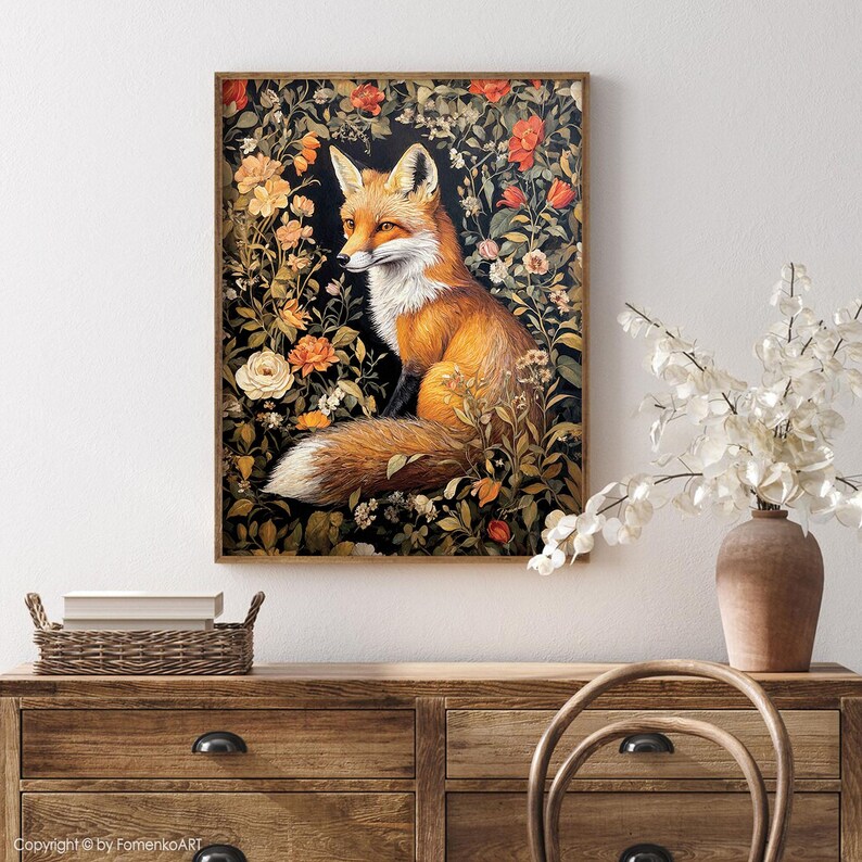 Fox Wall Art Print William Morris Inspired Canvas Oil Painting, Vintage Style Floral Gift Large Mid Century Cottagecore Dark Academia Decor imagem 15