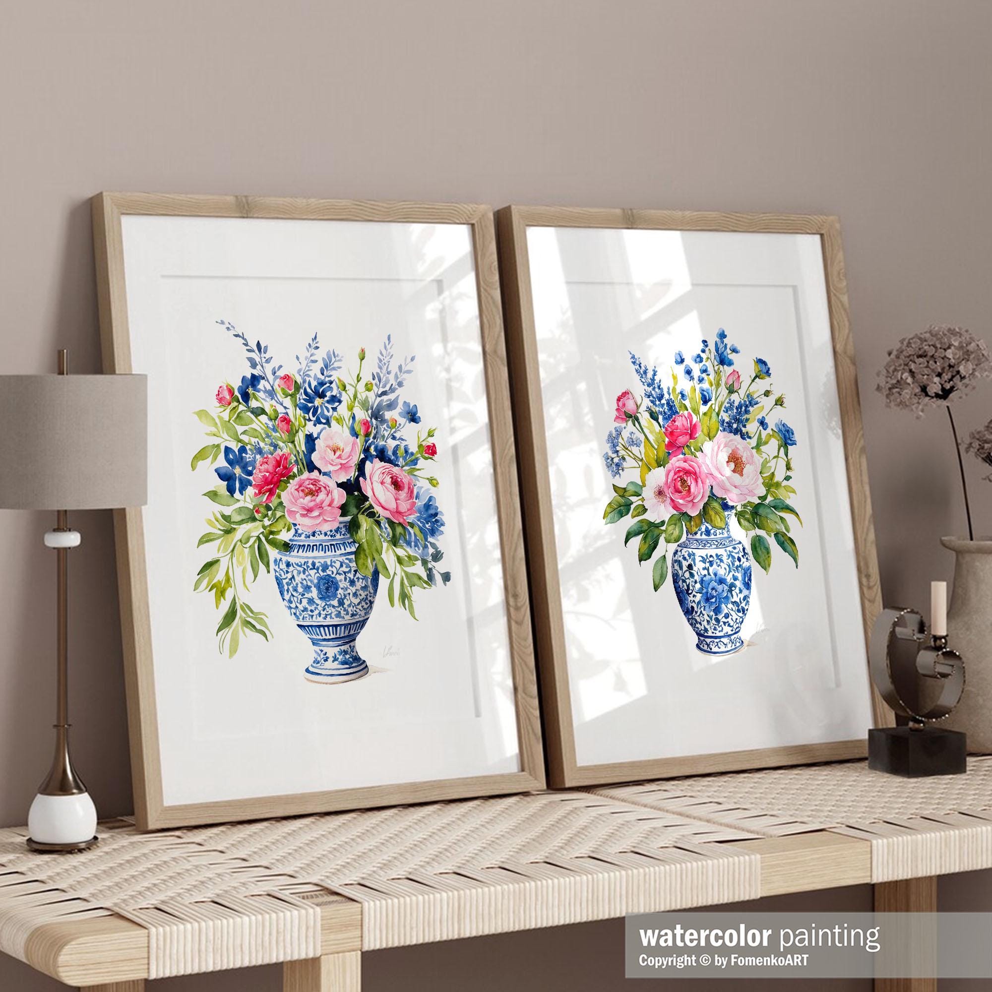 Chinoiserie Floral Wall Art Prints - Blue Vase & Pink Peony Flowers ...