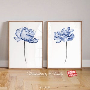 Wall decor bedroom, Bathroom printable wall art set of 2 Art prints download Blue flower wall art Watercolor peony Artwork 2 piece wall art