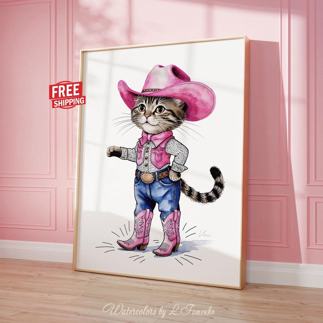 Coastal Cowgirl Cat Print Hat Boots Western Girly Wall Art Cowboy Poster,  Vintage Retro Texas Howdy Meowdy Pink Trendy Y2K Preppy Room Decor