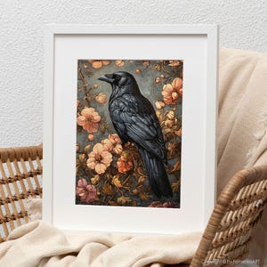 May include: A black raven perched on a branch of a flowering bush with pink and white blossoms. The raven has a dark gray body and black eyes. The background is a soft blue.