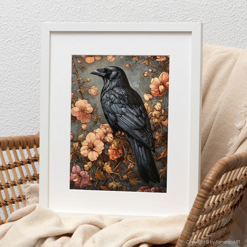 May include: A black raven perched on a branch of a flowering bush with pink and white blossoms. The raven has a dark gray body and black eyes. The background is a soft blue.