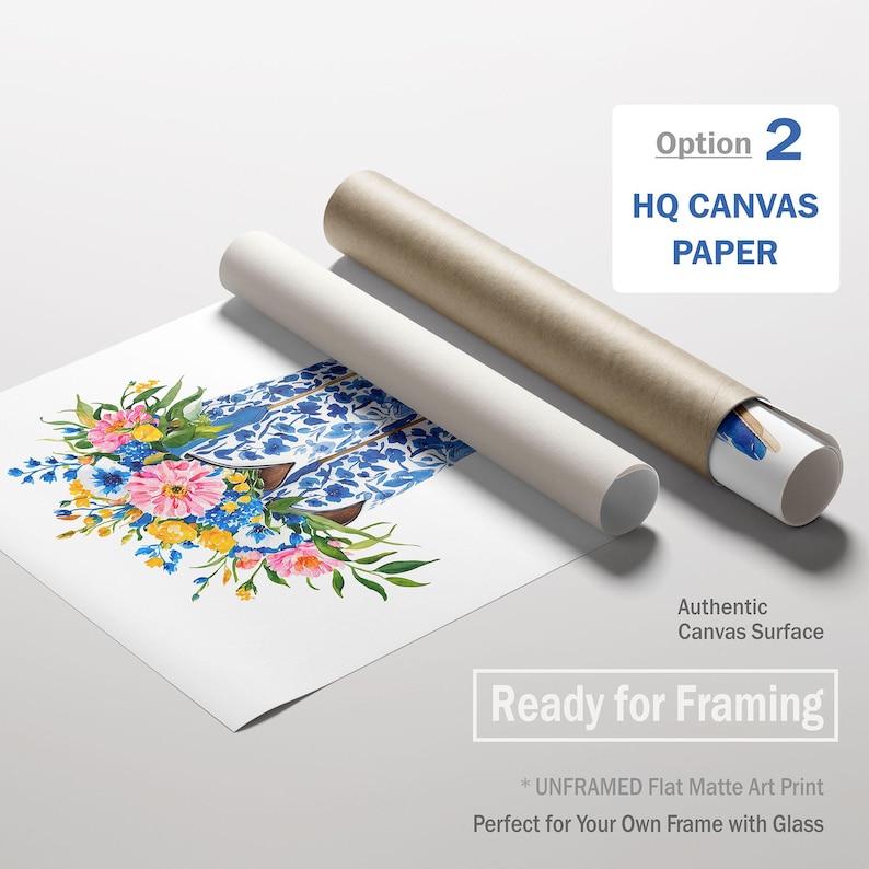May include: A flat matte art print featuring a watercolor floral design with pink, blue, and yellow flowers. The print is accompanied by two rolled tubes, one white and one brown, labeled "HQ CANVAS PAPER" and "Ready for Framing."