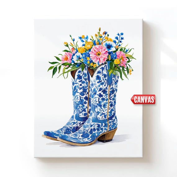 Blue Cowboy Boots Print - Coastal Cowgirl Wall Art Chinoiserie Western Trendy Girly Poster, Watercolor Painting Howdy Preppy Decor Flowers