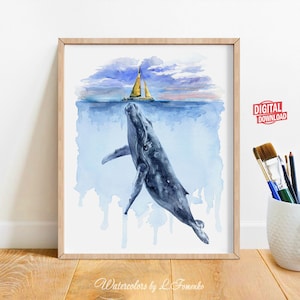 Whale painting, Watercolor whale print Watercolor wall art prints Art print download Baby boy nursery decor Ocean wall art Blue Whale poster