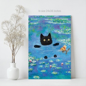 Regalos de gato negro, impresión de Claude Monet, arte de pared divertido y lindo, póster de nenúfares, gatito, pintura al óleo, lienzo, dibujo de mascota, amante, decoración de pared para dormitorio imagen 7