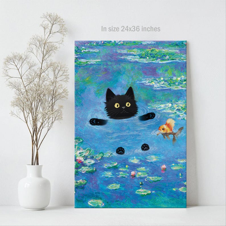 Regalos de gato negro, impresión de Claude Monet, arte de pared divertido y lindo, póster de nenúfares, gatito, pintura al óleo, lienzo, dibujo de mascota, amante, decoración de pared para dormitorio imagen 7