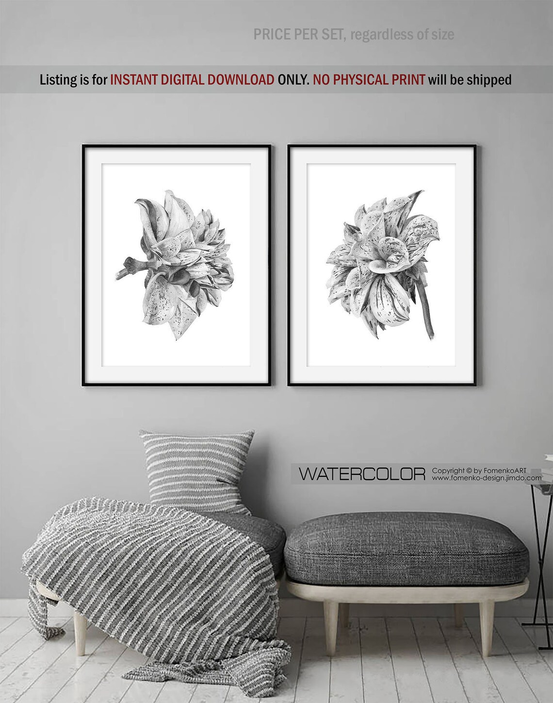 Printable wall art Flower art Bohemian decor Black and white Etsy
