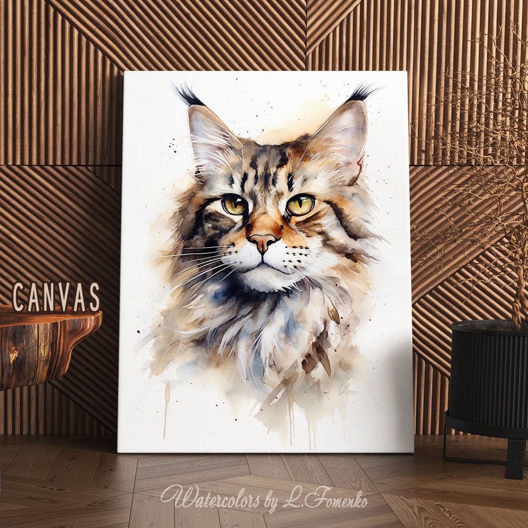 Maine Coon Cat Lover Gift Watercolor Painting Canvas Print Original ...
