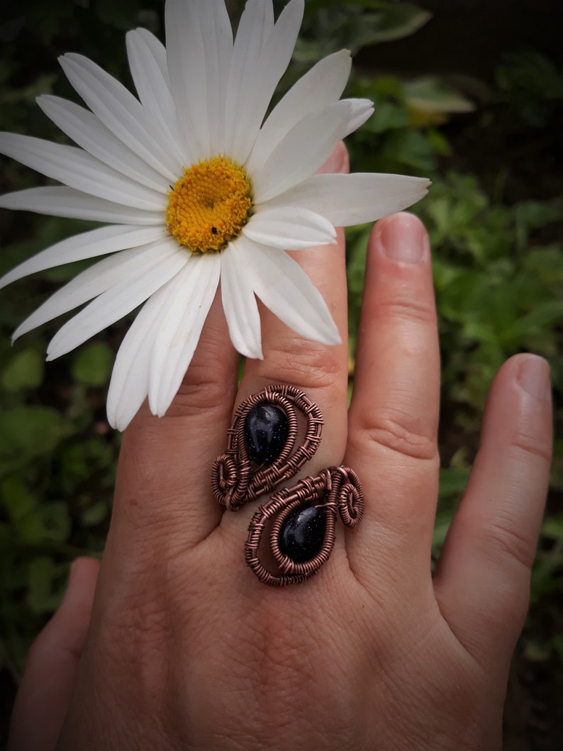 adjustible boho ring.statement ring,blue goldstone ring,copper wire wrapped ring