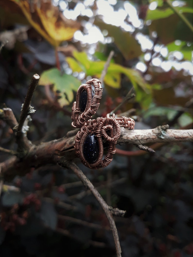 adjustible boho ring.statement ring,blue goldstone ring,copper wire wrapped ring