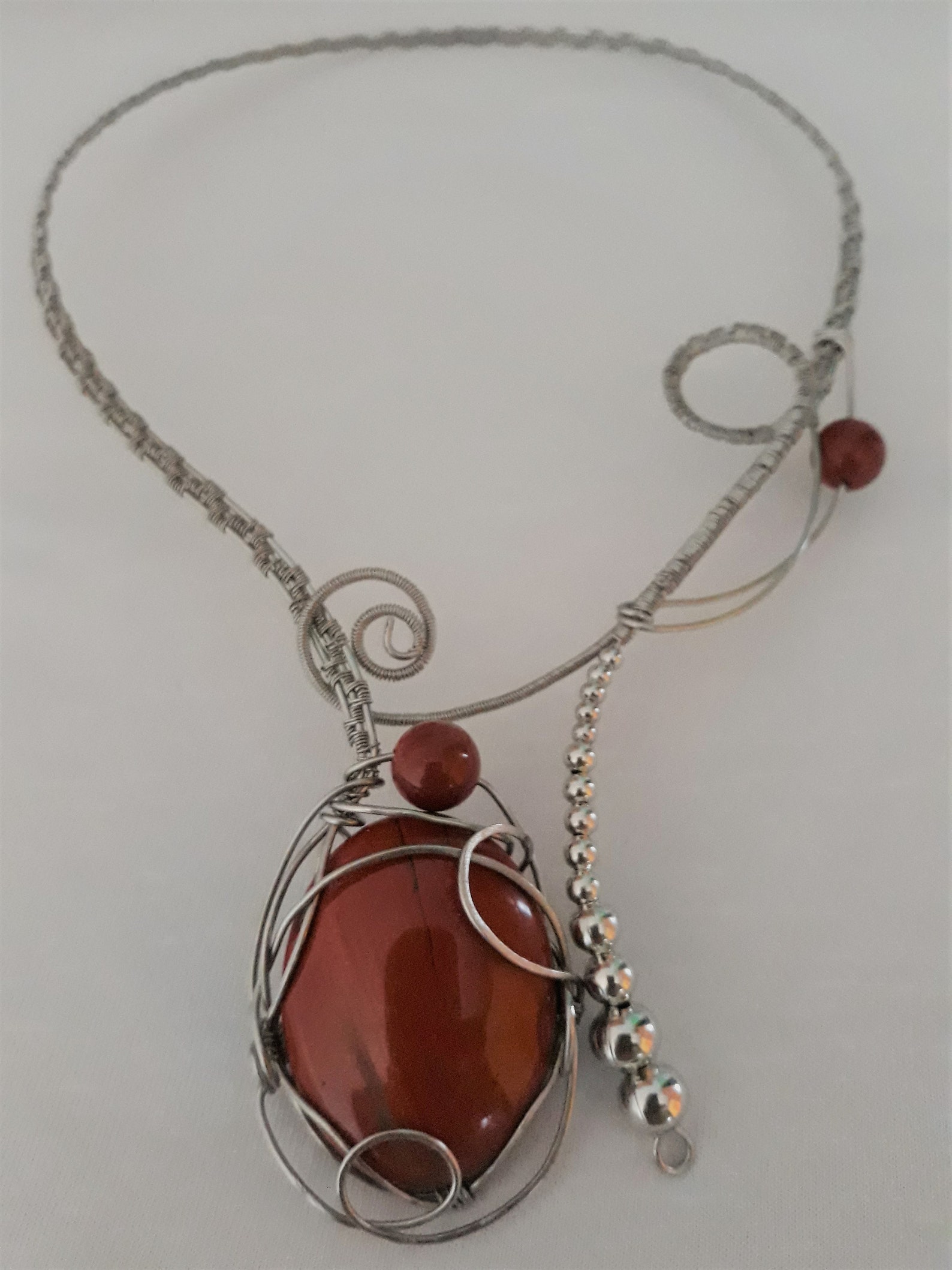 Stainless Steel Wire Necklace, Red Jasper Necklace, Unuusal Statement