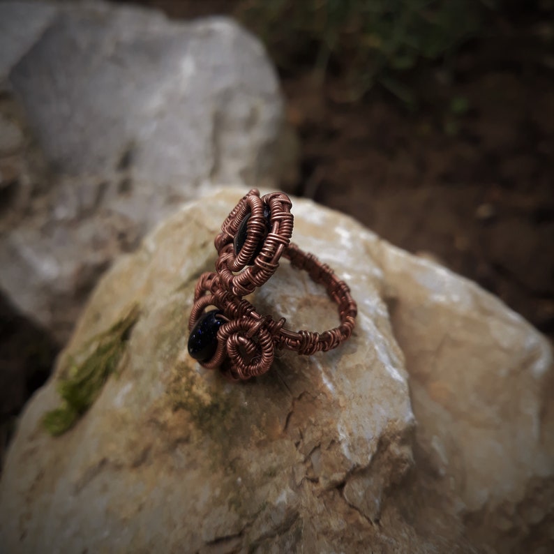 adjustible boho ring.statement ring,blue goldstone ring,copper wire wrapped ring