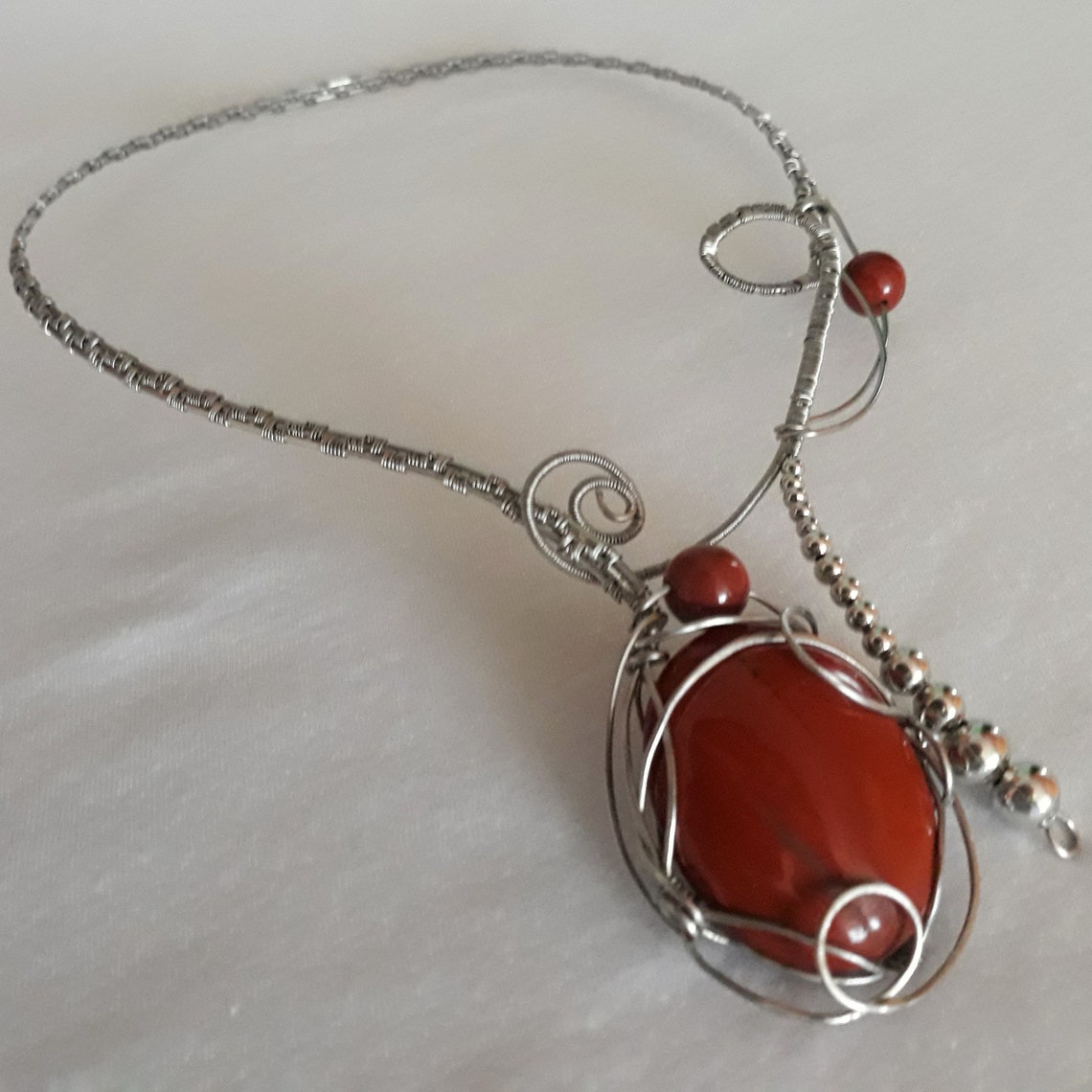 Stainless Steel Wire Necklace, Red Jasper Necklace, Unuusal Statement