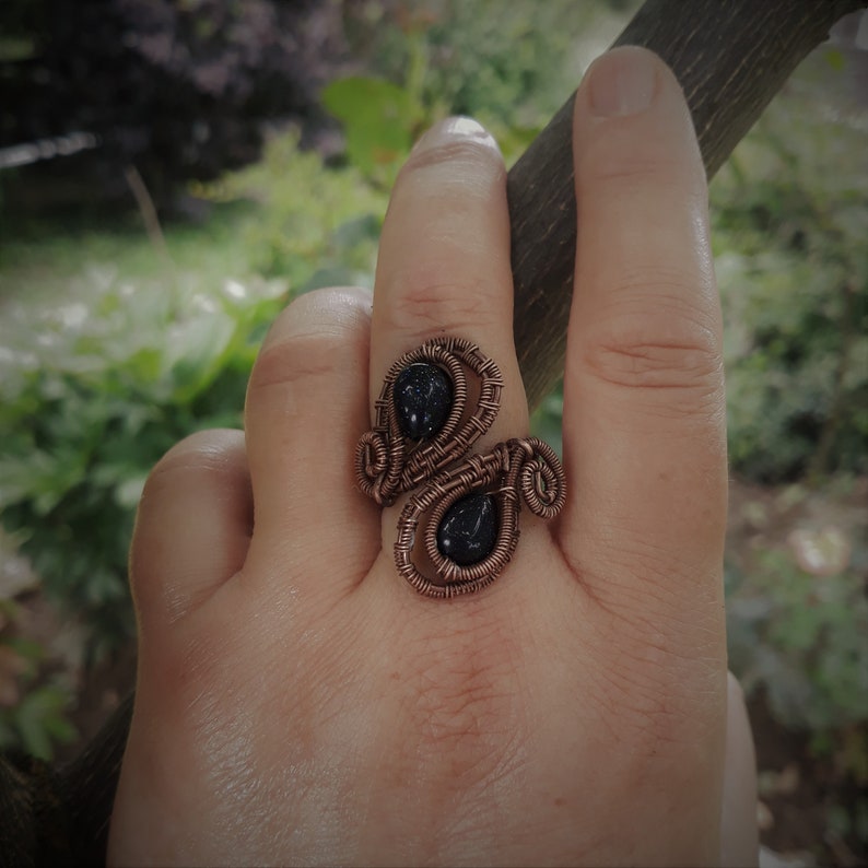 adjustible boho ring.statement ring,blue goldstone ring,copper wire wrapped ring
