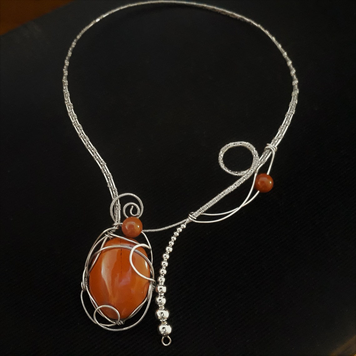 Stainless Steel Wire Necklace, Red Jasper Necklace, Unuusal Statement