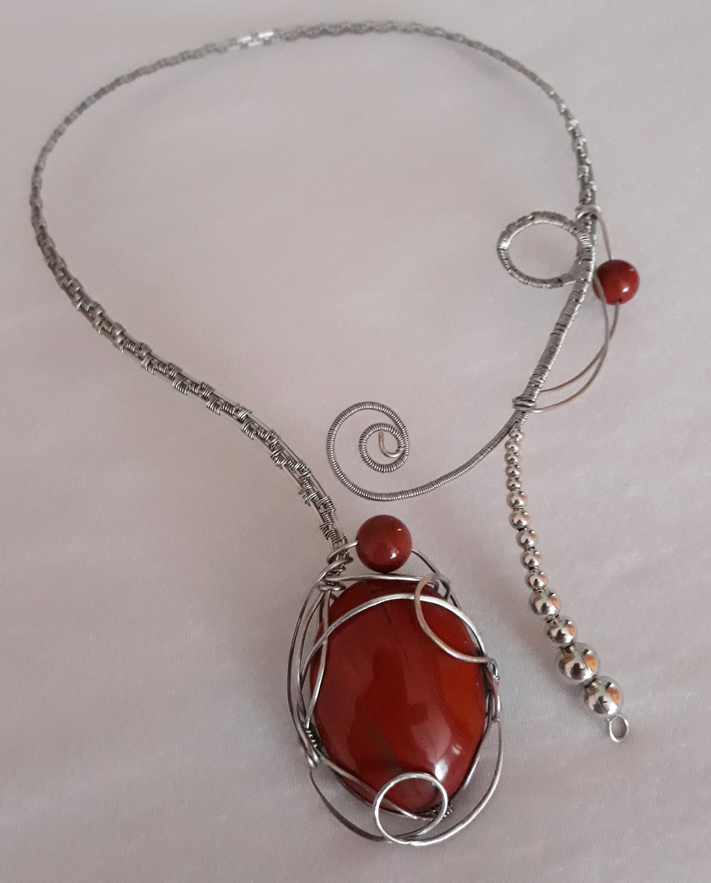 Stainless Steel Wire Necklace, Red Jasper Necklace, Unuusal Statement