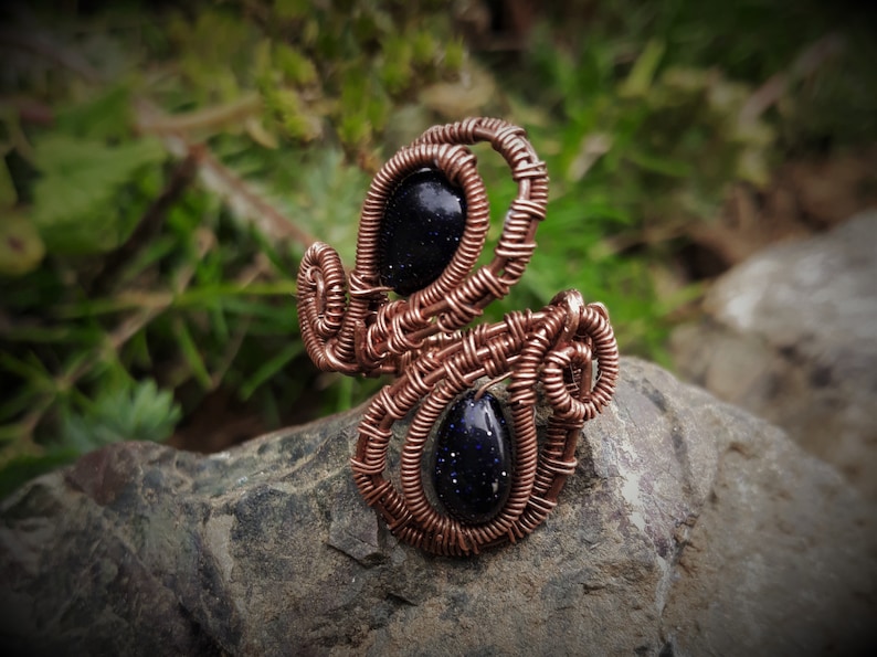 adjustible boho ring.statement ring,blue goldstone ring,copper wire wrapped ring