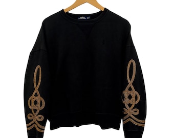 Polo Ralph Lauren Black Crewneck Sweatshirt Gold Sleeve Embroidery Designer Streetwear Size S