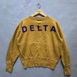 May include: A mustard yellow long-sleeve sweatshirt featuring the word DELTA in large, dark purple felt-like block letters across the upper back. The garment has a ribbed crew neckline with a triangular stitched detail and ribbed cuffs.